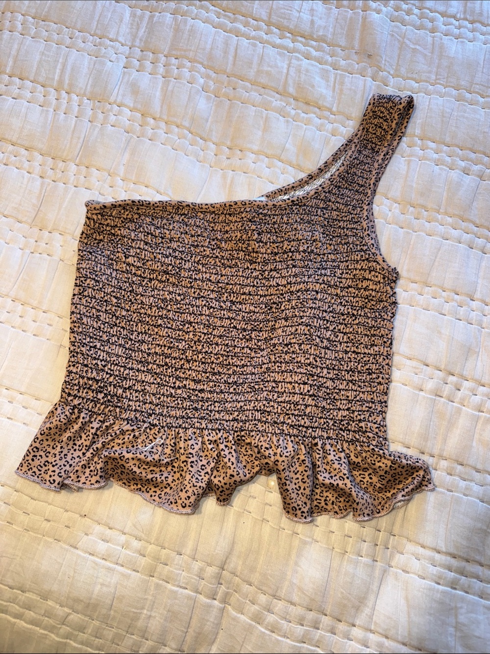 One-Shoulder Smocked Ruffle Tank Top - Beige Leopard